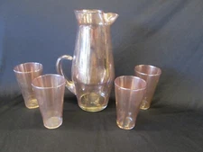 5pcs West Virginia Gold Splatter MCM Art Glass SERVING PITCHER & Set 4 TUMBLERS