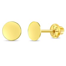 14k Gold Round Engravable Toddler / Kids / Girls Earrings Safety Screw Back