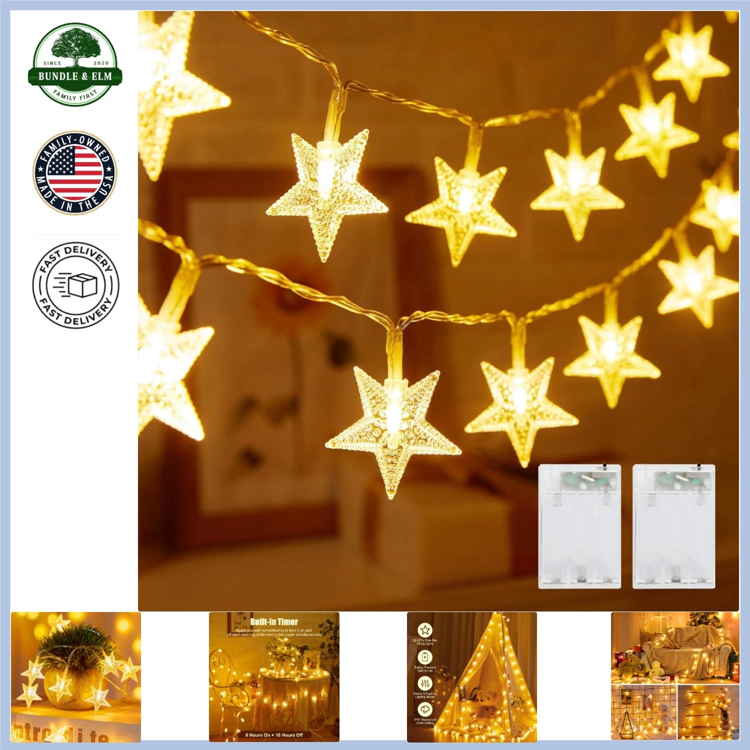 Decorative Star String Lights, 17ft Length with Battery and Waterproof Features