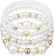 Grevosea 4 Pcs Pearl Bracelets for Women, White Gold Stretch Bridesmaid... 