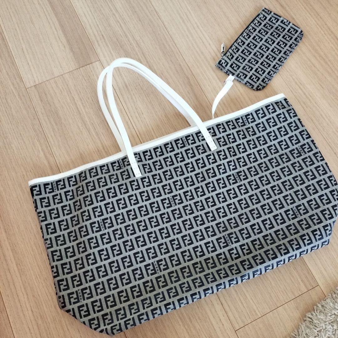 FENDI Tote Bag Handbag Zucchino Canvas Leather with Pouch Used