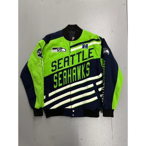 NFL Seattle Seahawks Varsity Jacket Mens Medium Navy Lime Green Cotton Twill video thumbnail