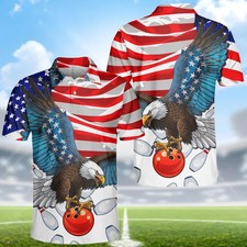 Patriotic Bowling Polo Shirt Men USA Flag Theme Unique Gift