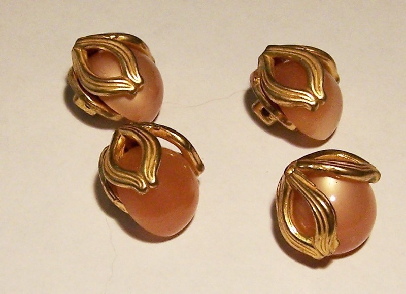 Four Vintage Pink Opalescent Stone and Gold Leaves Buttons
