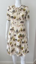 LK Bennett Cream Silk Paris Print Tea Dress Size 16 UK BNWT