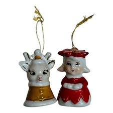 Vintage Commodore Reindeer &Poinsettia Girl Mini Ceramic Bell Ornaments (Read)