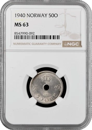 Norway 50 ore 1940, NGC MS63, "King Haakon VII (1906 - 1957)"
