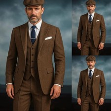 Peak Lapel Men's Suits 3Pcs Slim Fit Blazer Casual Wool Business Jacket Coat