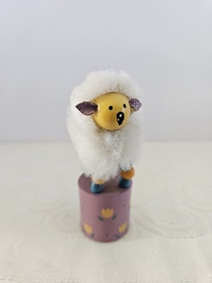 VTG Wooden Lamb Sheep Push Up Toy. By Russ. Collapsing Knees. Works. Colorful!