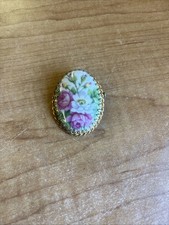Vintage Limoges Flowers Brooch Ceramic Made In France Gold Tone Roses Pink