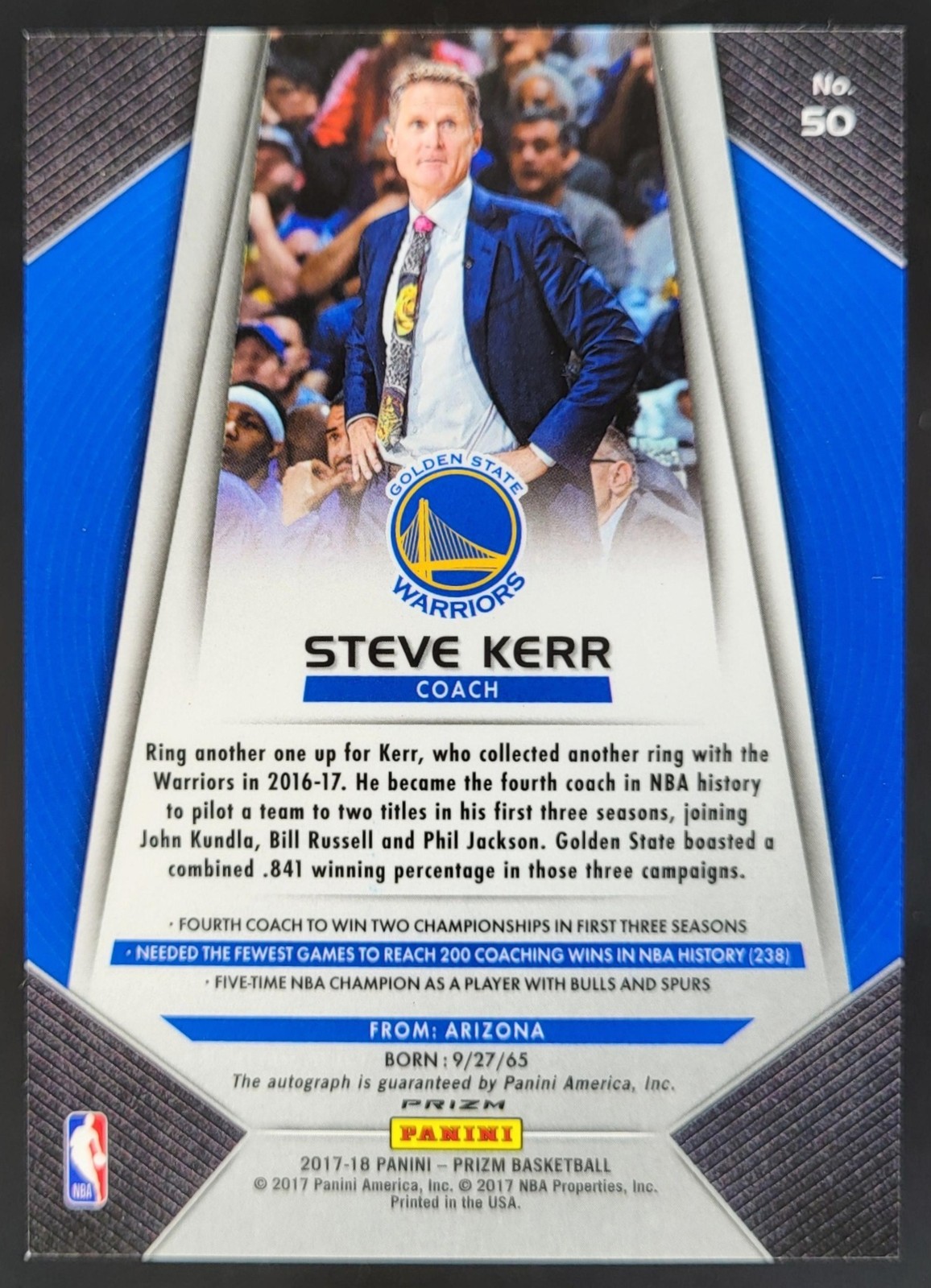2017-18 Panini Prizm Steve Kerr Fast Break Auto #50 Golden State Warriors GG view 2