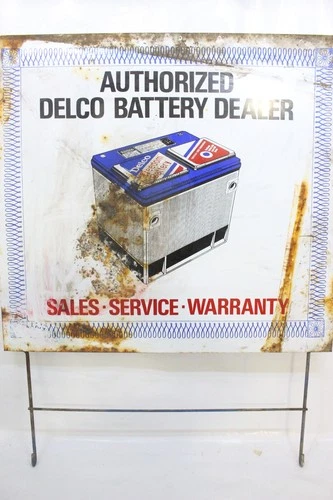 Vintage Delco Batteries Dealer Dealer Sign 24x23" Metal Tin Rack Sign