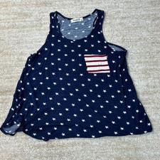 Ginger G Tank Top Womens M Star Print Pocket Rayon Navy USA Made Sleeveless