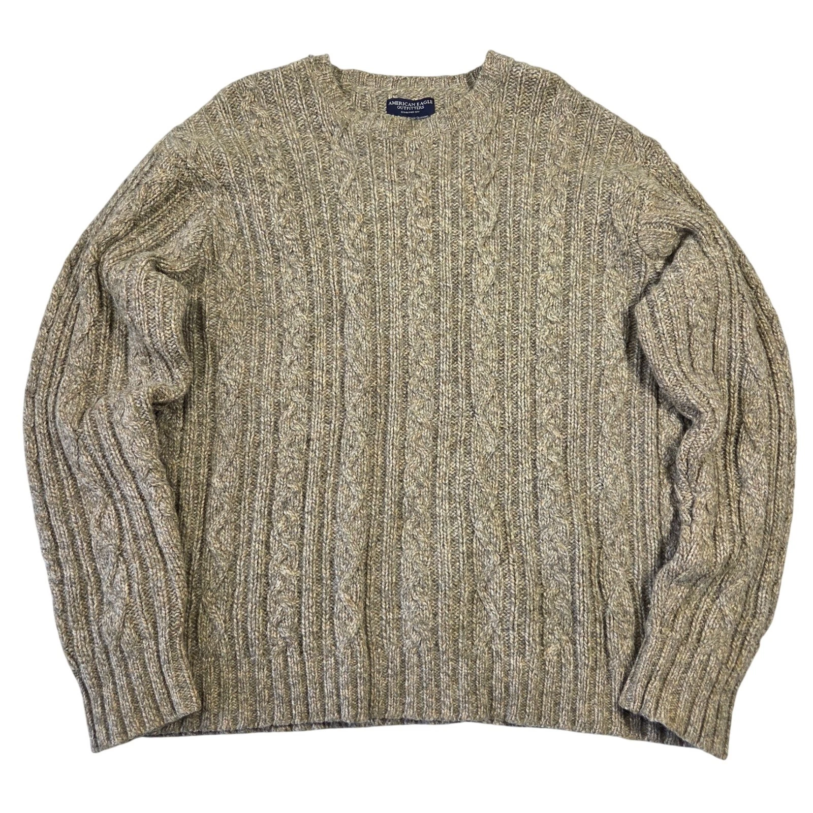 Y2k American Eagle Mens XL Cable Knit Wool Sweater Beige Crew Neck Long Sleeve