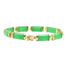 VINTAGE CHINESE ASIANA EXPORT GREEN JADE BANGLE BRACELET 14K YELLOW GOLD
