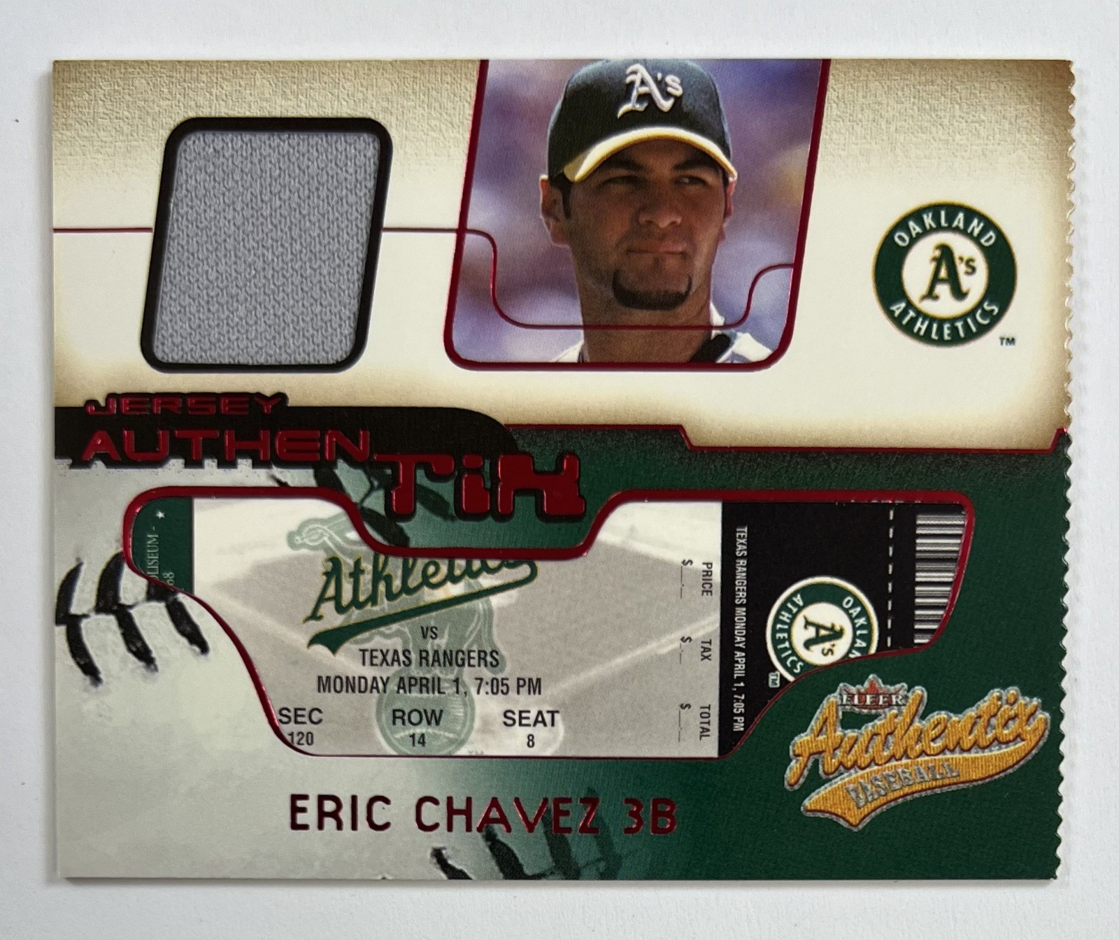 2002 Fleer Authentix #JA-EC Eric Chavez Ripped Relic Card AR135