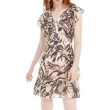 bar III Mini Dress Sz 6 Pink Abstract Animal Print Ruffle Flutter Sleeve Party