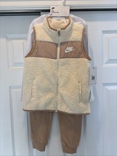 Nike 3 Piece Set Boys M Size 6 Shirt Vest Pants Beige Tan Swoosh NWT 85 Retail