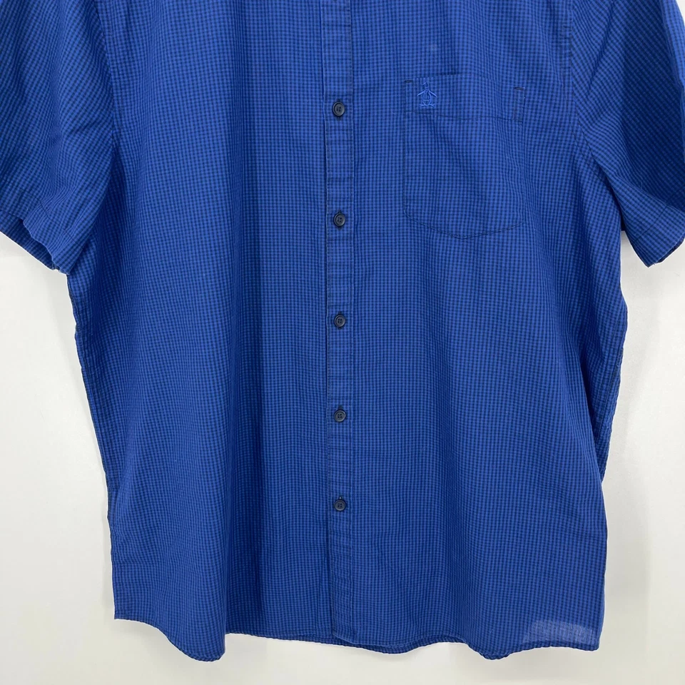 Penguin Short Sleeve Button Shirt Men's XL Blue Check Print Pocket Logo Cotton - Image 3 of 4