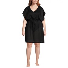 Lands' End M-L LONG Sheer Oversized Black Gathered Waist Swim Cover-up Dress Sho