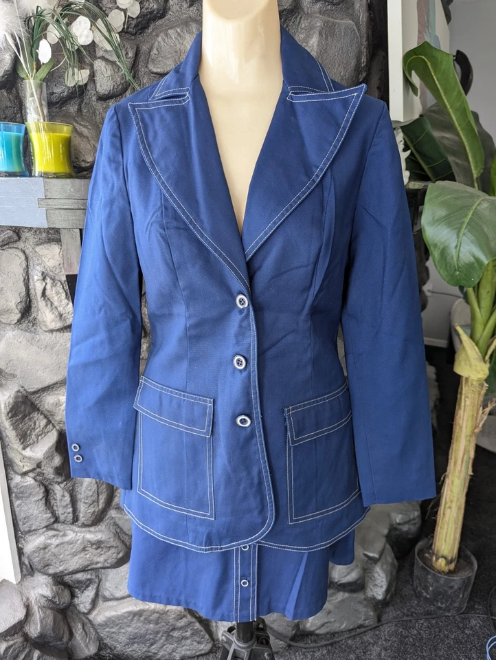 Vtg 70s Bronson Calif Skirt Suit Blue White Contrast Stitching Sz 5 Patch Pckts - Image 2 of 4