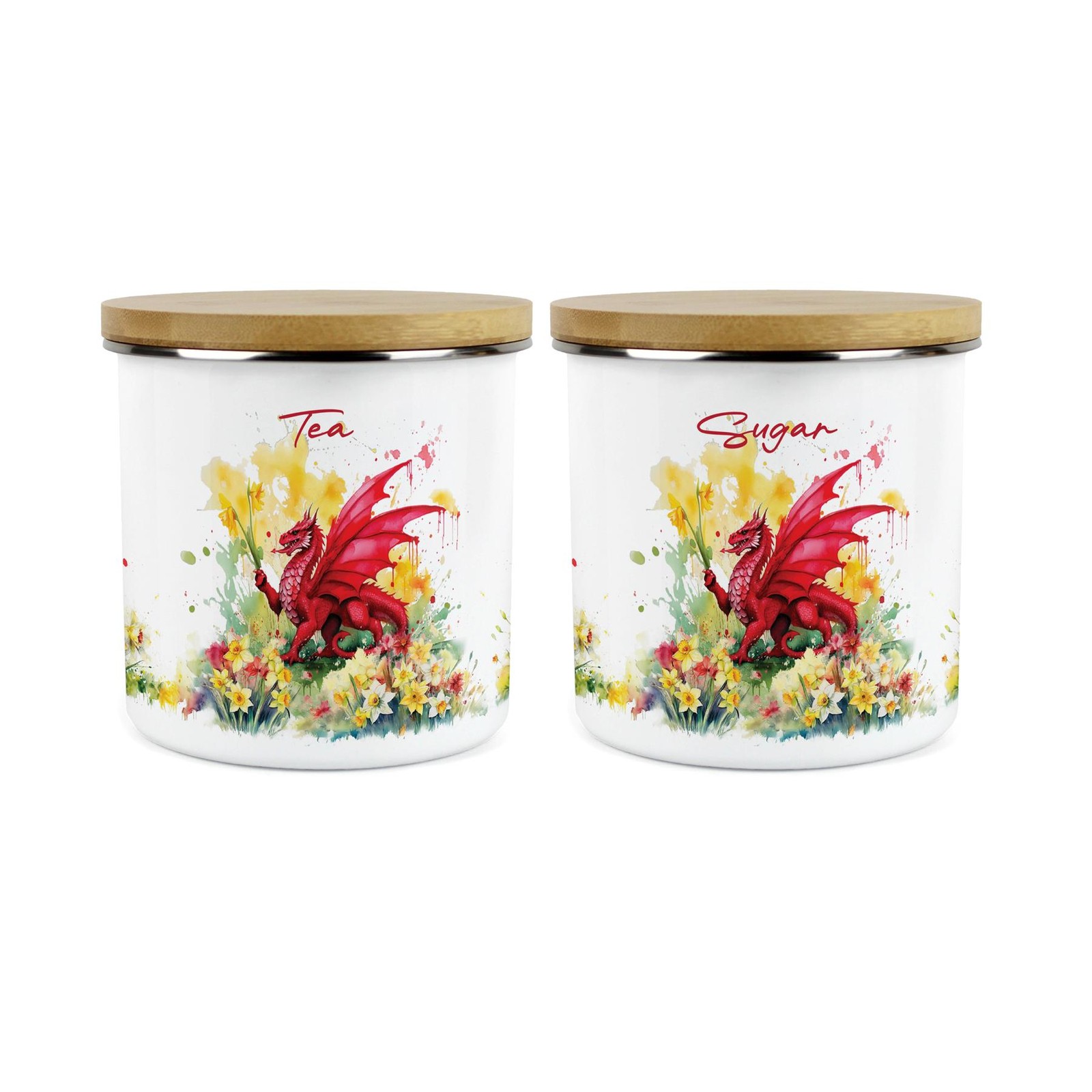 Daffodils & Dragon Welsh Tea & Sugar Canister Set - Cymru Souvenir Gifts