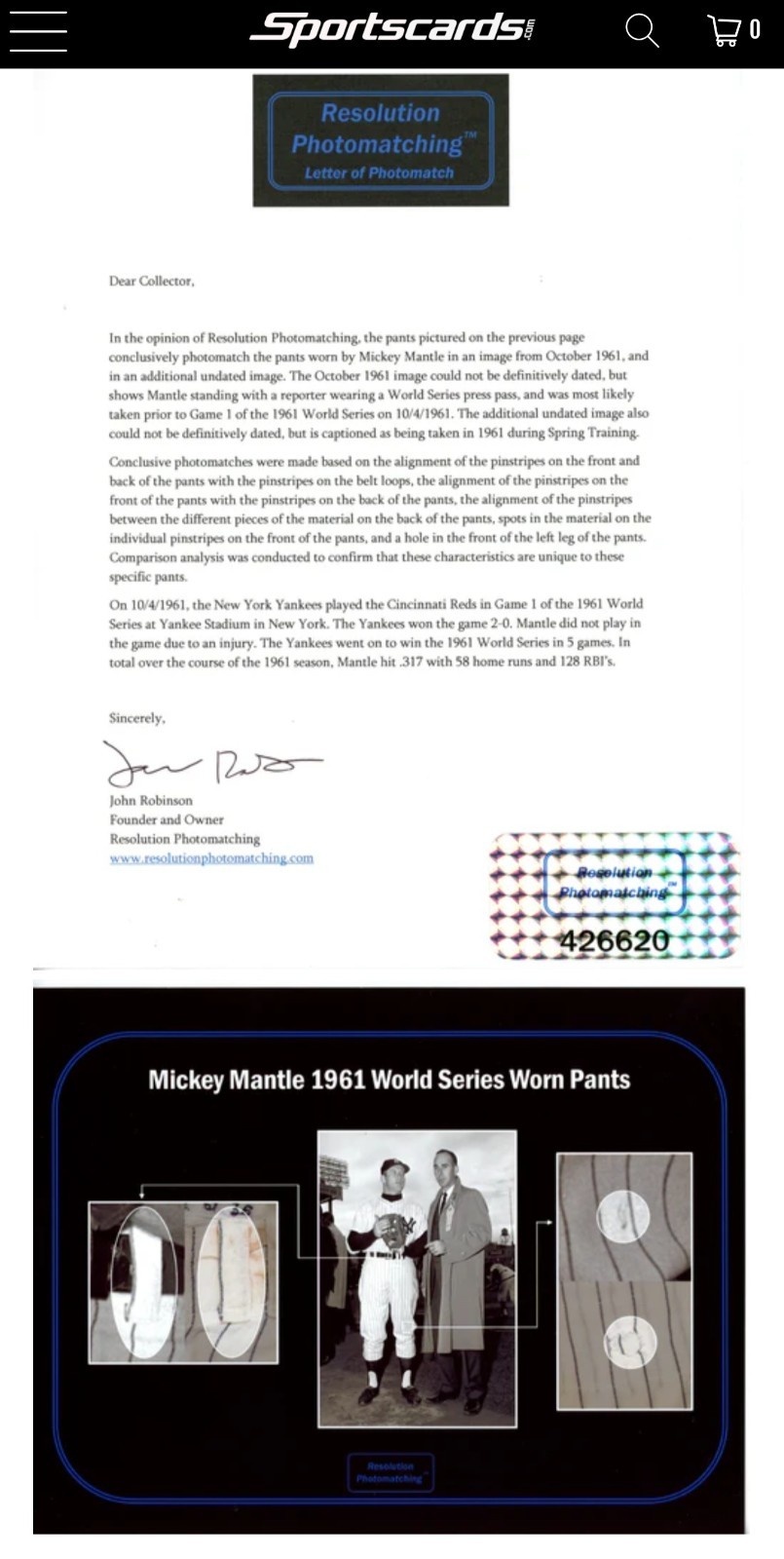 Mickey Mantle Jersey Fusion Game Used 1961 World Series Pants Swatch*Beckett* view 6