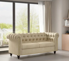 Large 2 seater Chesterfield Style Button back Sofa, Couch Linen Fabric