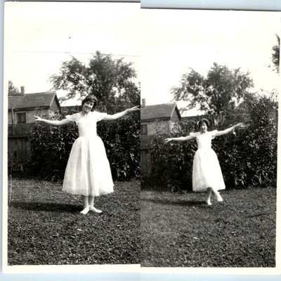 x2 LOT c1950s Snapshot Photos Cute Young Woman White Tulle Dress Ballerina Dance