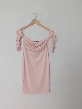 PRETTY LITTLE THING Pink Ruched Off Shoulder Mini Dress - Size 8 - Brand New