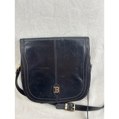 Bally Crossbody Bag Women Medium Black Leather Vintage Gold Logo Italy