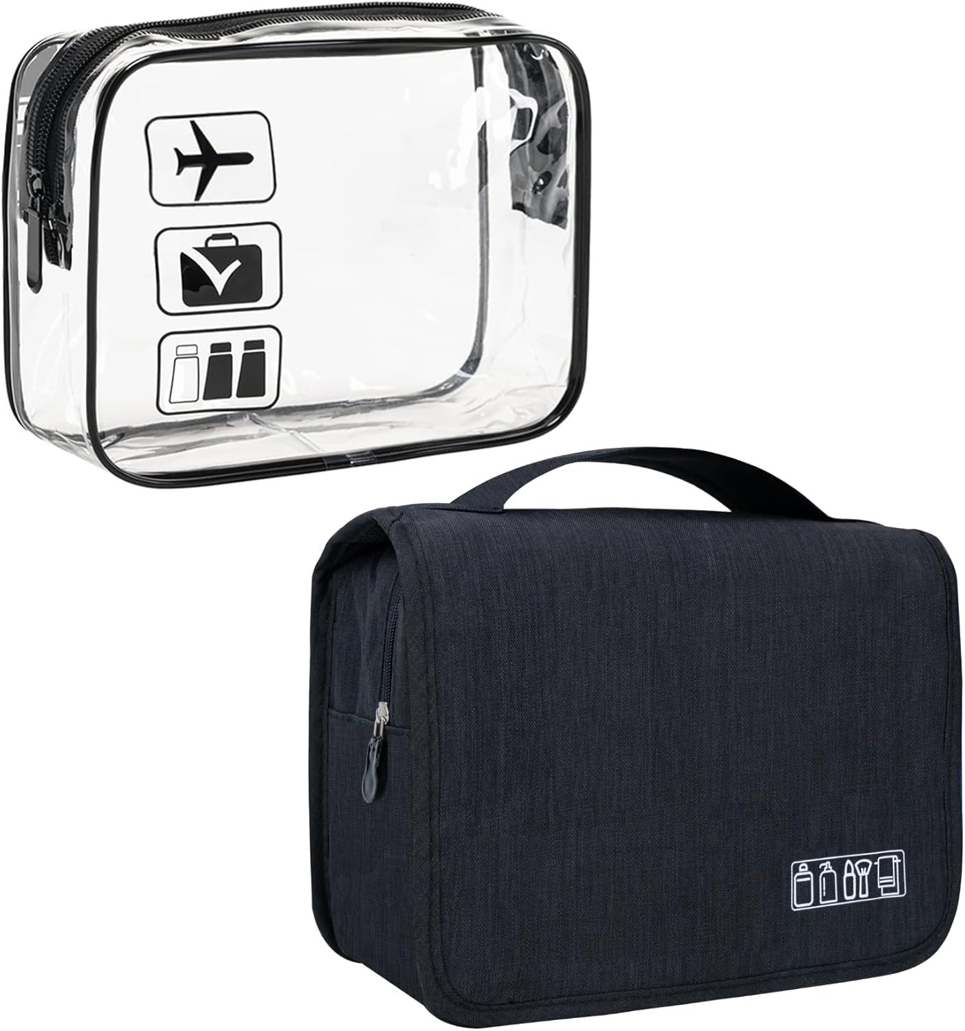 Large Hanging Toiletry Bag with Clear Pockets - A-Black+Clear Black