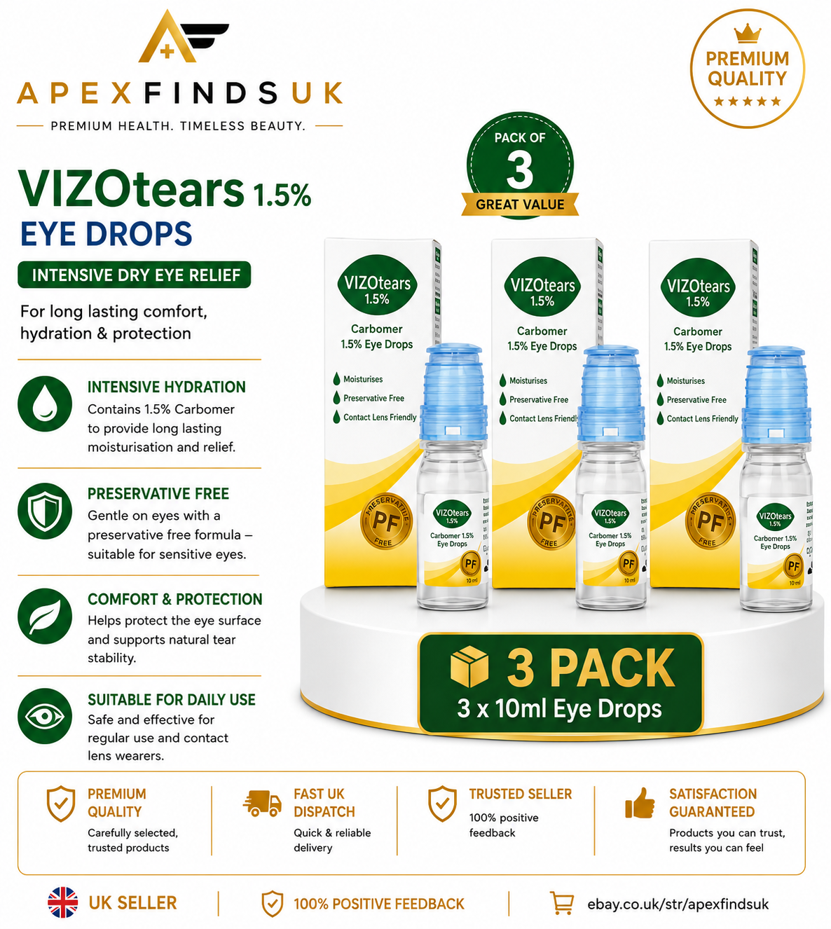 3 x Vizcellose 1.0 Carmellose Eye Drops 10ml Dry Eye Relief Lubricating Drops