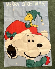 Vtg Peanuts Snoopy Woodstock "Merry Christmas" Double Sided Flag 27 x 40" by NCE