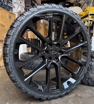 24  2146 BLACK WHEELS 33'' MUD MT TIRES Silverado Tahoe Suburban Sierra Yukon Ram