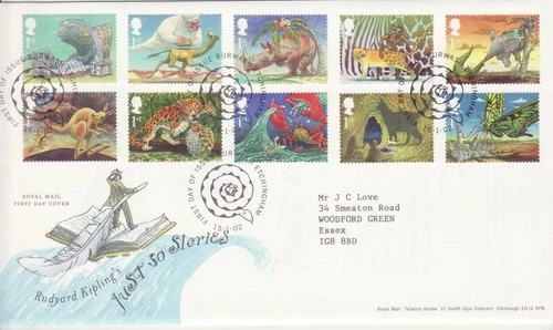 GB Stamps First Day Cover  Rudyard Kipling Just So Stories, author, pen SHS 2002