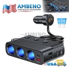 3Way Car Cigarette Lighter Socket Splitter USB Fast Charger Power Adapter 12-24V