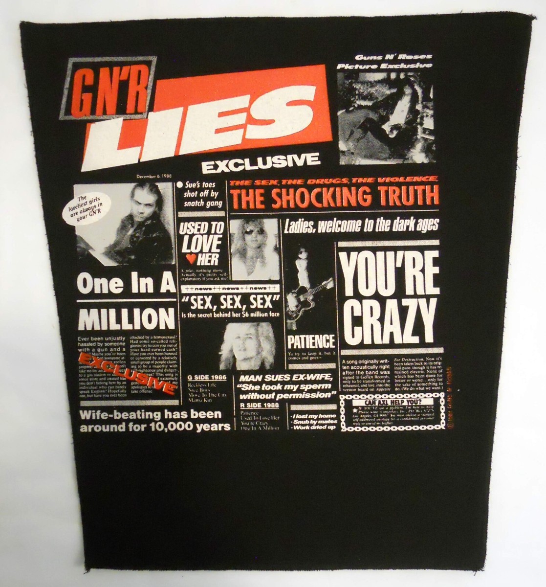 Guns N Roses Back Patch - LIES gn'r VINTAGE new - 1988 - Axl Rose