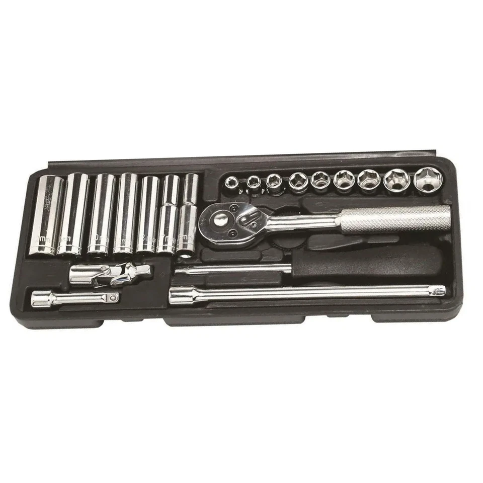 1/4" Drive Socket Set Metric 22 PC Kit Ratchet Deep Sockets Extensions - HILKA - Image 3 of 4