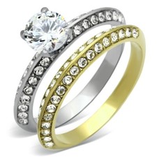  Ring set silver yellow gold ladies cubic zirconia two tone wedding engagement 