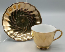 Gold Colored Miniature Mini Teacup  Saucer Set Scalloped Edge Japan 32/1 Vtg