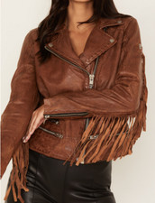 Women's Leather Jacket Size M Cognac Zoe Fringe Lamb Leather By Mauritius (fp84)
