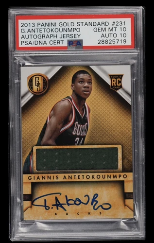 GIANNIS ANTETOKOUNMPO PSA 10/10 2013-14 PANINI GOLD STANDARD ROOKIE JERSEY AUTO