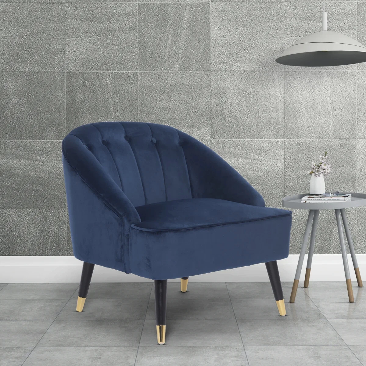 Kensington Blue Velvet Accent Slipper Chair Wood Legs Gold Metal
