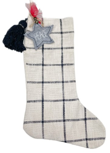 20" Weihnachtsstrumpf elfenbein schwarz kariert Baumwolle Frieden Stern Quaste Bauernhaus