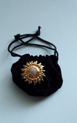 Coach Ring Size 6 Sunburst Yellow Gold-Tone, White Crystal Center Velvet Pouch