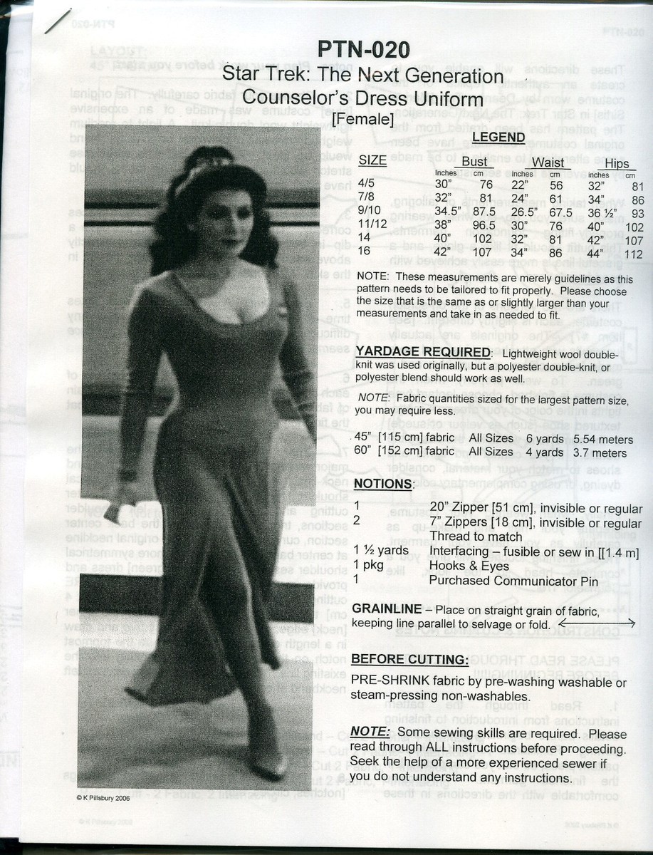 NEWLY REVISED Star Trek TNG Next Gen Deanna Troi Uniform Pattern PTN-020 |  eBay