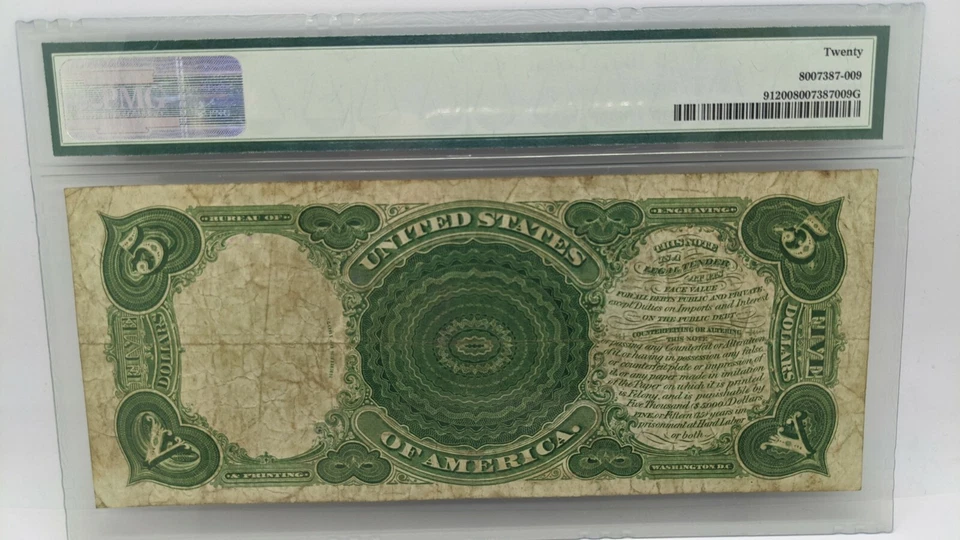 1907 $5 Legal Tender PMG 20 - Fr#91 - United State Note Large Size Note - Image 2 of 4
