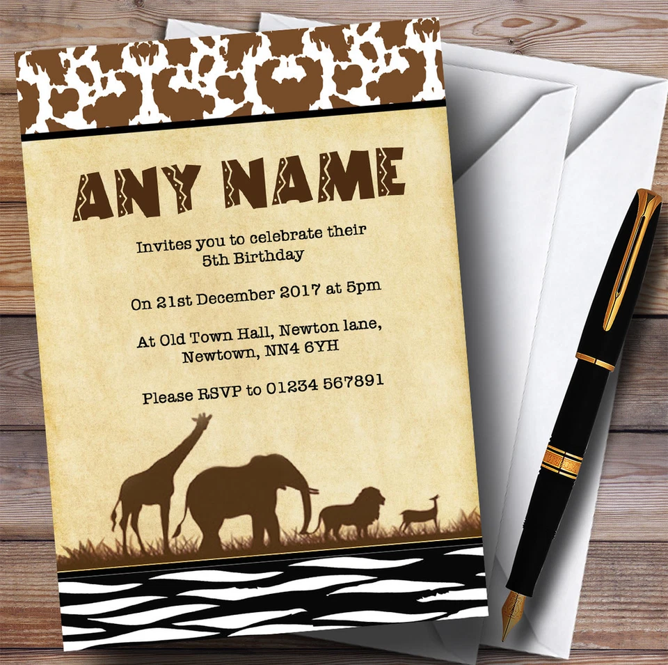 THECARDZOO Jungle Safari Animal Print Childrens Birthday Party Invitations