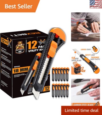 Professional 12-Pack Utility Knives - 18mm Razor Sharp Blades for Heavy Duty Use